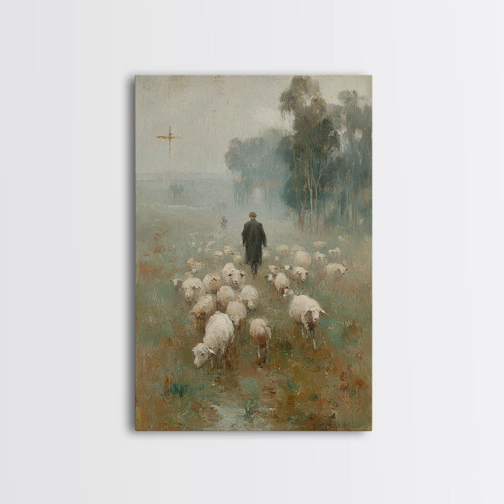 Misty Pasture Walk, Framed Canvas Print, Christian Wall Art, Christian Art Canvas, Jesus Painting, Christian Gift
