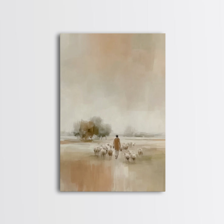 Quiet Field Shepherd, Framed Canvas Print, Christian Wall Art, Christian Art Canvas, Pastoral Scenery, Minimalist Christian Art