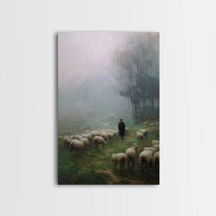 Misty Shepherd Field – Framed Canvas Print – Christian Art Canvas – Christian Wall Art – Pastoral Scenery – Moody Christian Art