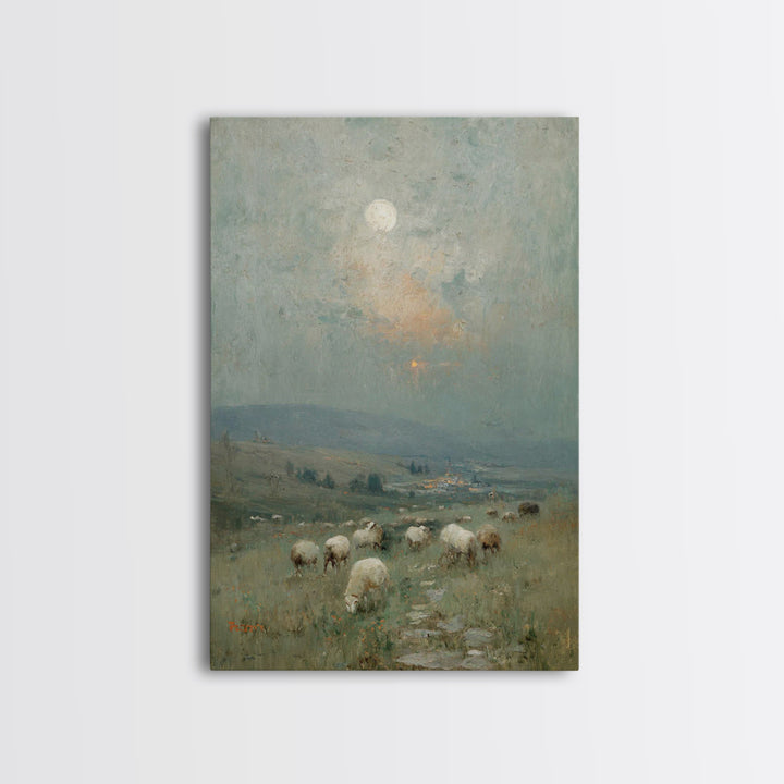 Moonlit Pasture Peace, Framed Canvas Print, Christian Art Canvas, Christian Wall Art, Vintage Christian Art, Christian Painting