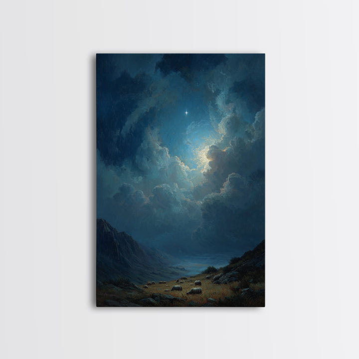 Night Star Valley – Framed Canvas Print – Christian Wall Art – Christmas Art – Christian Christmas Art – Christian Art Canvas