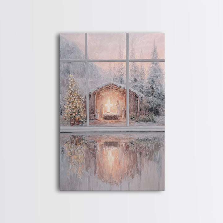 Winter Nativity Glow – Framed Canvas Print – Christmas Wall Art – Christian Christmas Art – Christmas Art Prints – Christian Decor – Framed