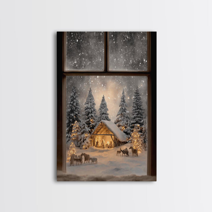 Silent Snow Manger – Framed Canvas Print – Christmas Canvas Wall Art – Christian Christmas Decor – Framed Christmas Art – Christmas Art Pri