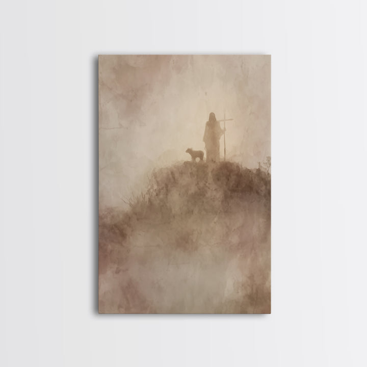 Silent Mist Journey – Framed Canvas Print – Jesus Painting – Christian Art Canvas – Christian Wall Art – Minimalist Christian Art