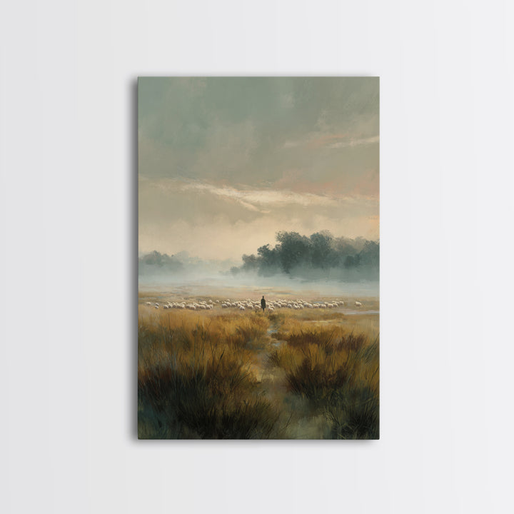 Morning Pasture – Framed Canvas Print – Christian Art Canvas – Christian Wall Art – Christian Painting – Subtle Christian Art – Pastoral Sc