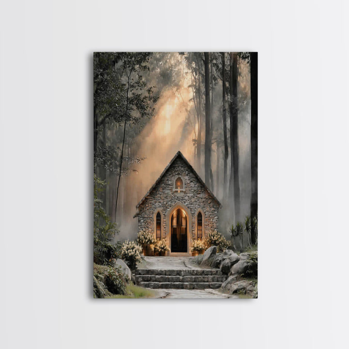 Stone Chapel Light – Framed Canvas Print – Christian Wall Art – Christian Art Canvas – Christian Decor – Moody Christian Art