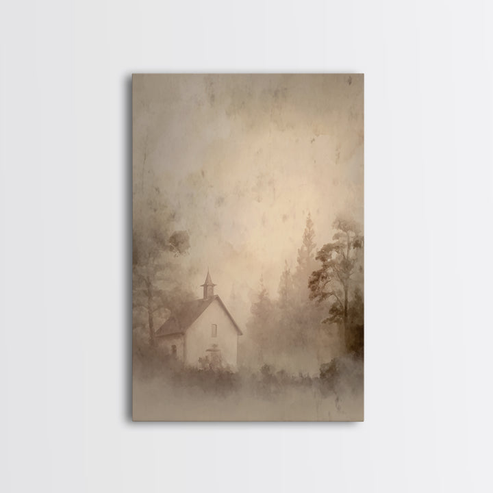 Misty Dawn Chapel – Framed Canvas Print – Christian Art Print – Christian Wall Art – Vintage Christian Art – Christian Christmas Art – Chri