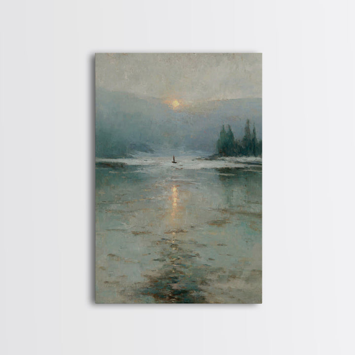 Silent Lake Dawn – Framed Canvas Print – Christian Art Print – Christian Wall Art – Vintage Christian Art – Blue Christian Art – Christian