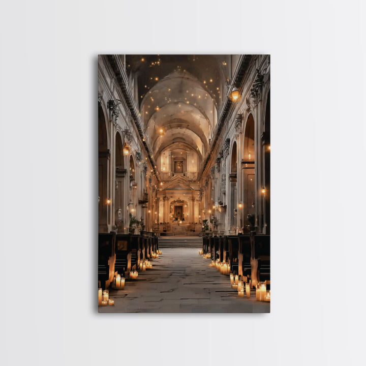 Golden Chapel Glow, Framed Canvas Print, Christian Art Canvas, Christian Wall Art, Moody Christian Art, Christian Decor, Christmas Art Prin
