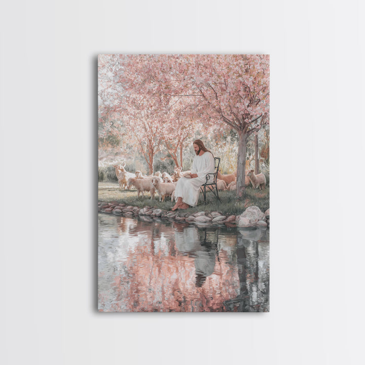 Christ By The Blossoms, Framed Canvas Print, Jesus Art Print, Christian Wall Art, Christian Art Canvas, Christian Decor, Subtle Christian A