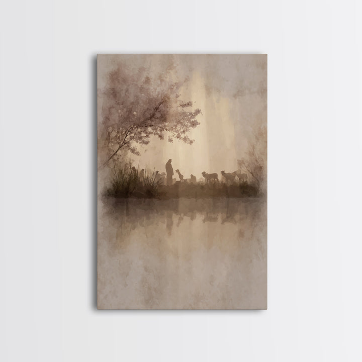 Gentle Shepherd Light | Framed Canvas Print | Christian Wall Art | Christian Art Canvas | Pastoral Scenery | Minimalist Christian Art | Chr