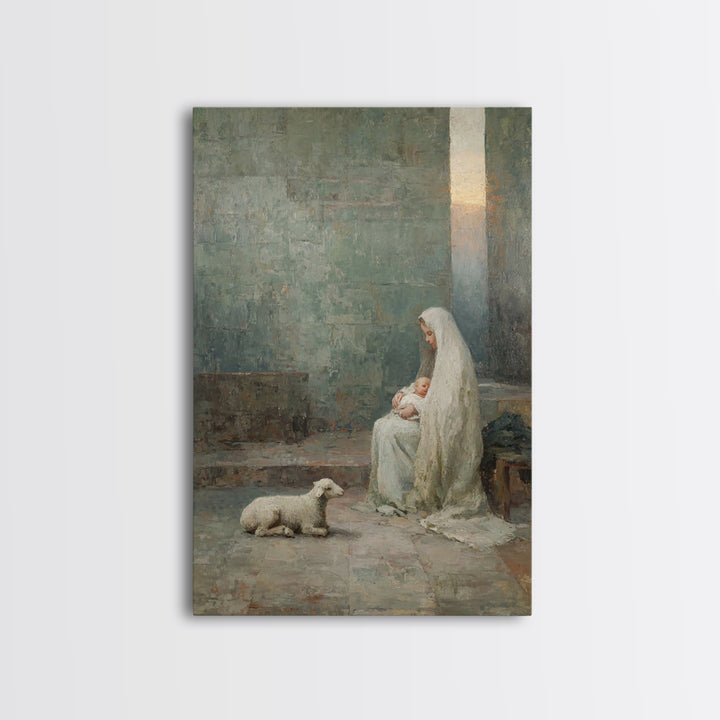 Silent Manger Grace – Framed Canvas Print – Christian Wall Art – Christian Art Canvas – Mary And Jesus Painting – Christmas Art – Christian