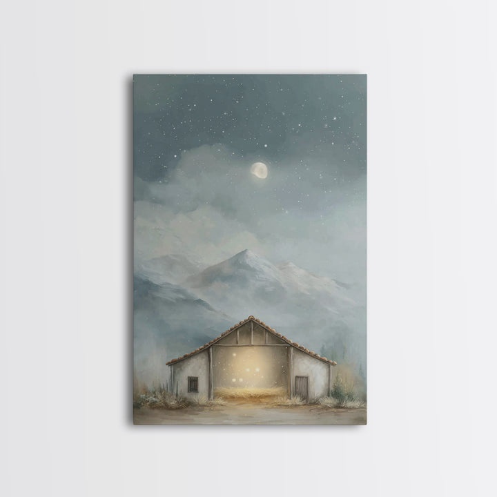 Moonlit Stable Calm | Framed Canvas Print | Christian Art Canvas | Christian Wall Art | Christmas Art | Christian Christmas Decor | Faith A