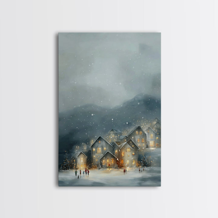 Snowy Village Light – Framed Canvas Print – Christmas Canvas Wall Art – Christian Christmas Art – Moody Christmas Art – Christian Art Canva