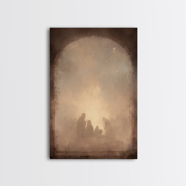 Silent Manger Glow – Framed Canvas Print – Christian Christmas Art – Christmas Canvas Wall Art – Christian Art Canvas – White Christmas Art