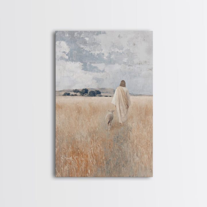 Golden Pasture Shepherd – Framed Canvas Print – Christian Art Canvas – Christian Wall Art – Jesus Painting – Christian Christmas Art – Chri