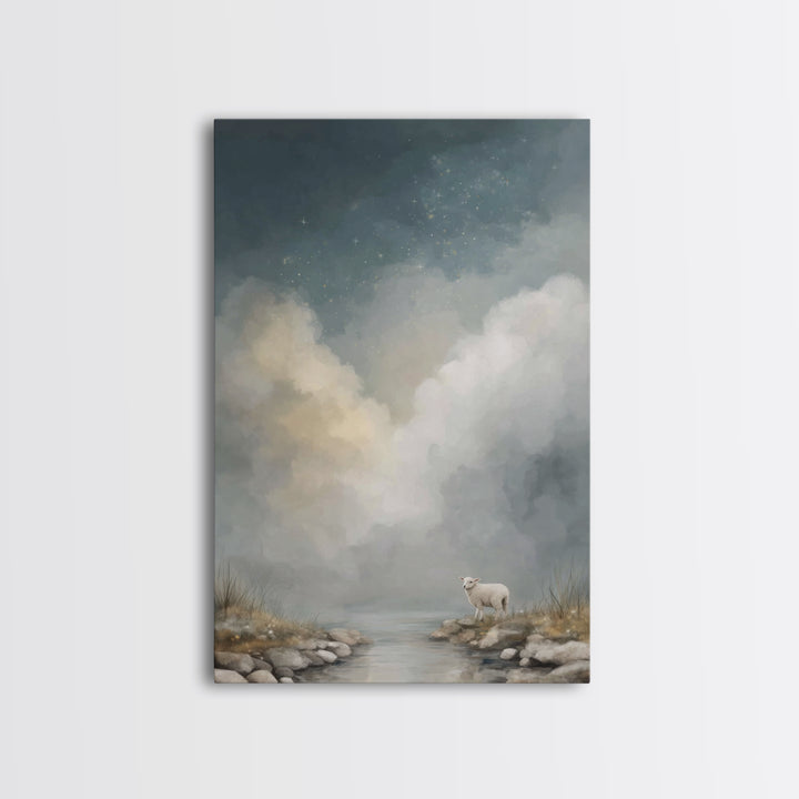 Quiet River Lamb, Framed Canvas Print, Christian Wall Art, Christian Art, Christian Art Canvas, Christian Gift Ideas, Jesus Painting