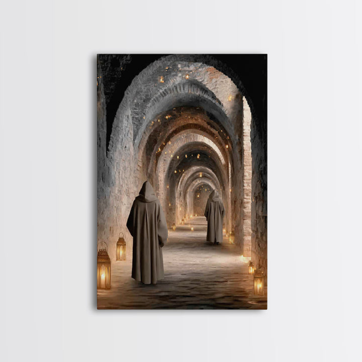 Monastic Pathway Glow – Framed Canvas Print – Christian Art Canvas – Christian Wall Art – Moody Christian Art – Christian Decor – Christmas