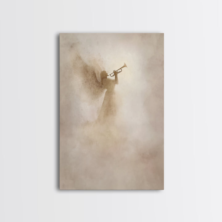 Trumpet In The Clouds – Framed Canvas Print – Christian Wall Art – Christian Art Canvas – Angel Art – Subtle Christian Art – Christian Deco