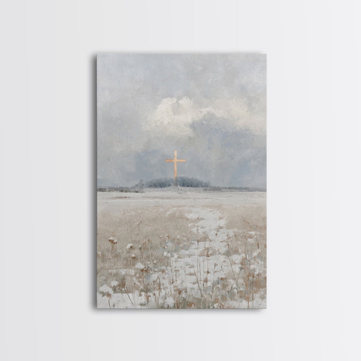Winter Cross Peace – Framed Canvas Print – Christian Wall Art – Christian Art Work – Blue Christian Art – Christian Christmas Art – Christi