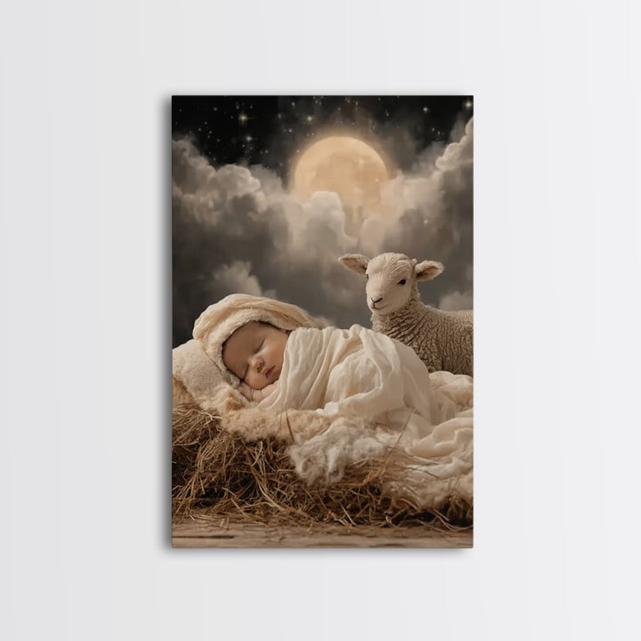 Holy Lamb Watch – Framed Canvas Print – Christian Christmas Art – Christian Art Print – Jesus Christmas Art – Christmas Wall Art – Modern C