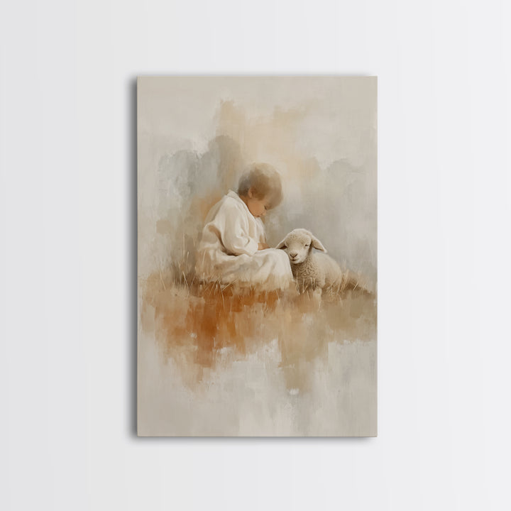 Gentle Shepherd Joy – Framed Canvas Print – Christian Art Print – Modern Christian Art – Christian Christmas Art – Jesus Painting – Christm