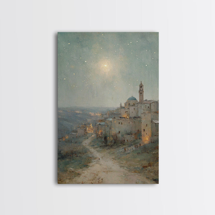 Bethlehem Nightfall, Framed Canvas Print, Christian Wall Art, Christmas Art Prints, Christian Art Canvas, Christian Christmas Art, Vintage