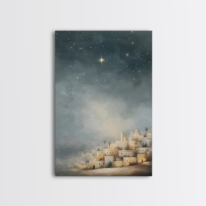 Midnight Bethlehem Glow – Framed Canvas Print – Christian Wall Art – Christmas Art Prints – Christian Christmas Art – Modern Christian Art