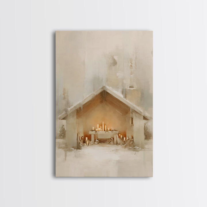 Humble Nativity Glow, Framed Canvas Print, Christmas Wall Art, Christian Art Canvas, Minimalist Christian Art, Christian Christmas Art, Sub