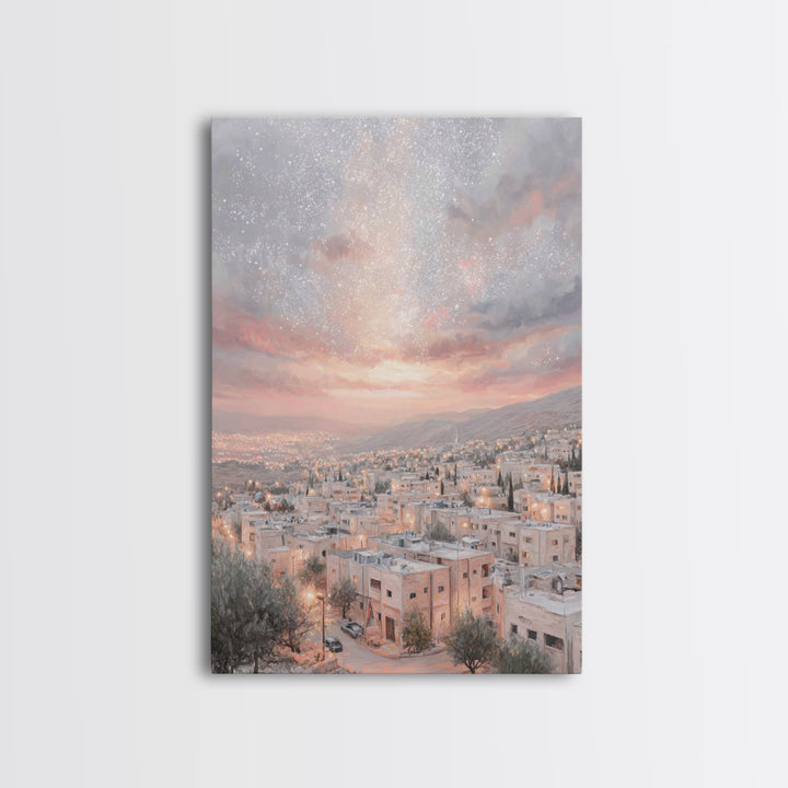 Dawn Over Bethlehem, Framed Canvas Print, Christmas Wall Art, Christian Art Print, Christian Christmas Art, Modern Christian Painting, Chri