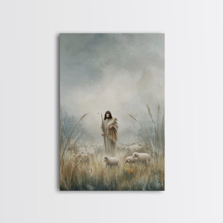 Gentle Shepherd Light – Framed Canvas Print – Jesus Painting – Christian Art Print – Christian Decor – Christian Wall Art – Minimalist Chri