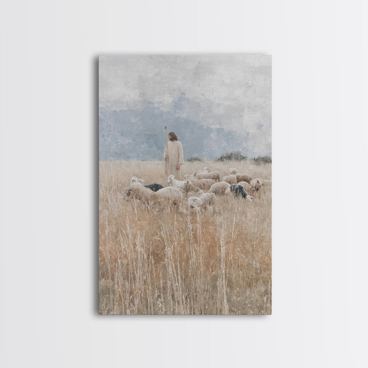 Quiet Meadow Shepherd – Framed Canvas Print – Christian Art Canvas – Jesus Painting – Christian Decor For Home – Large Christian Painting –