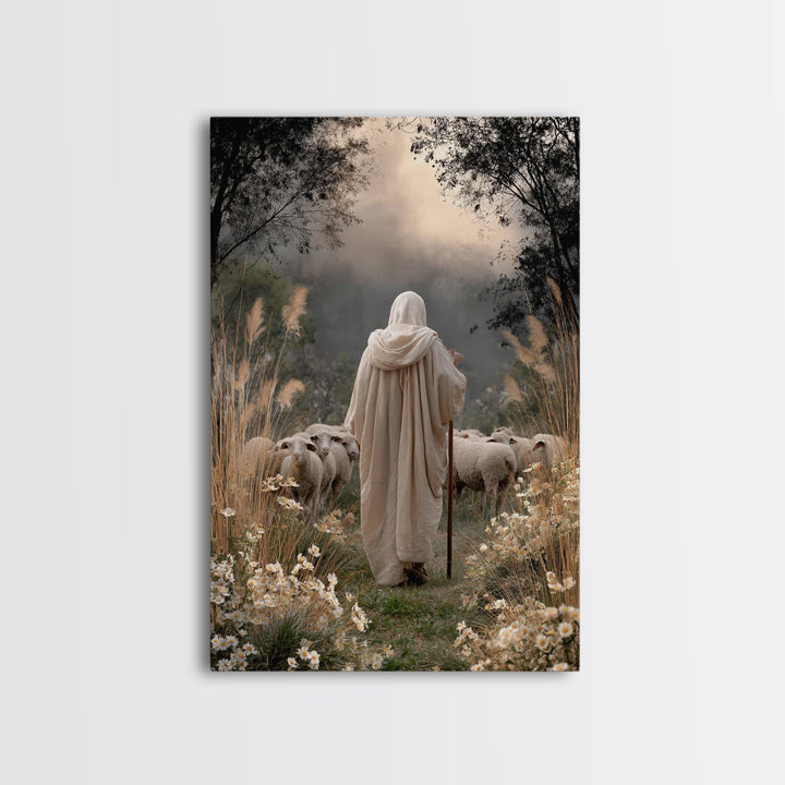 Evening Shepherd Glow – Framed Canvas Print – Christian Art Canvas – Christian Wall Art – Large Jesus Painting – Christian Decor – Modern C