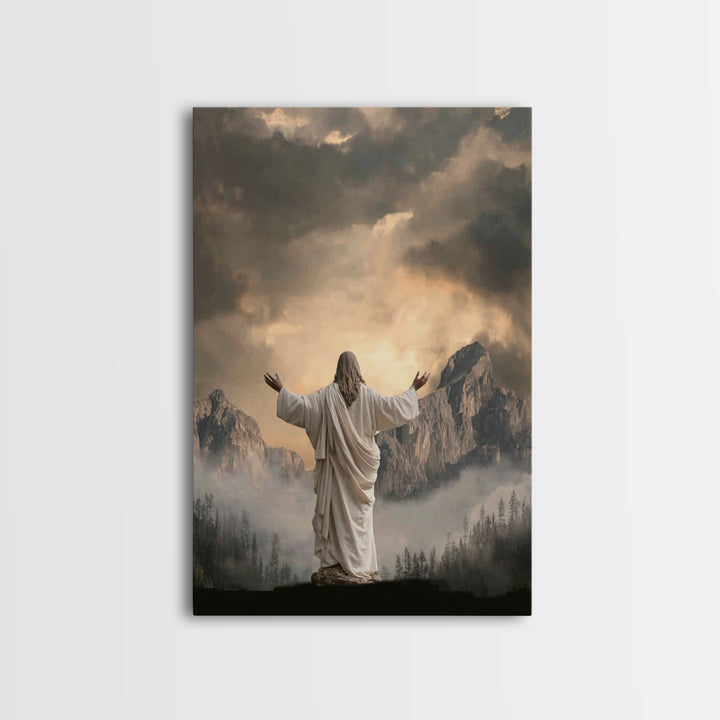 Mountain Prayer Light | Framed Canvas Print | Christian Art Canvas | Jesus Wall Art | Moody Christian Art | Large Christian Painting | Chri