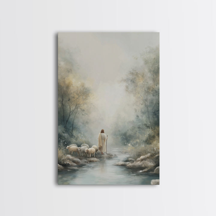 River Path Shepherd – Framed Canvas Print – Christian Art Canvas – Jesus Painting – Modern Christian Art – Christian Gift Ideas – Christian