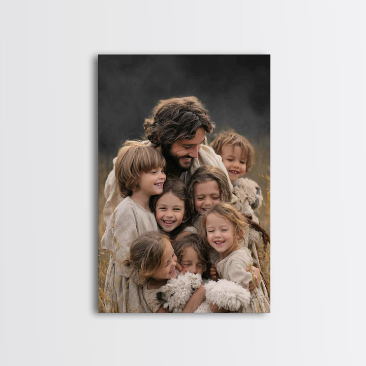 Laughter of the Lambs | Framed Canvas Print | Jesus Painting | Christian Art Canvas | Christian Wall Art | Christian Decor