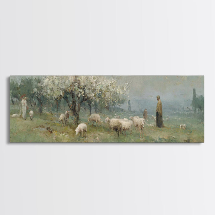 Shepherd Spring Peace – Framed Canvas Print – Christian Wall Art – Jesus Painting – Panoramic Art – Christian Art Canvas – Christmas Art