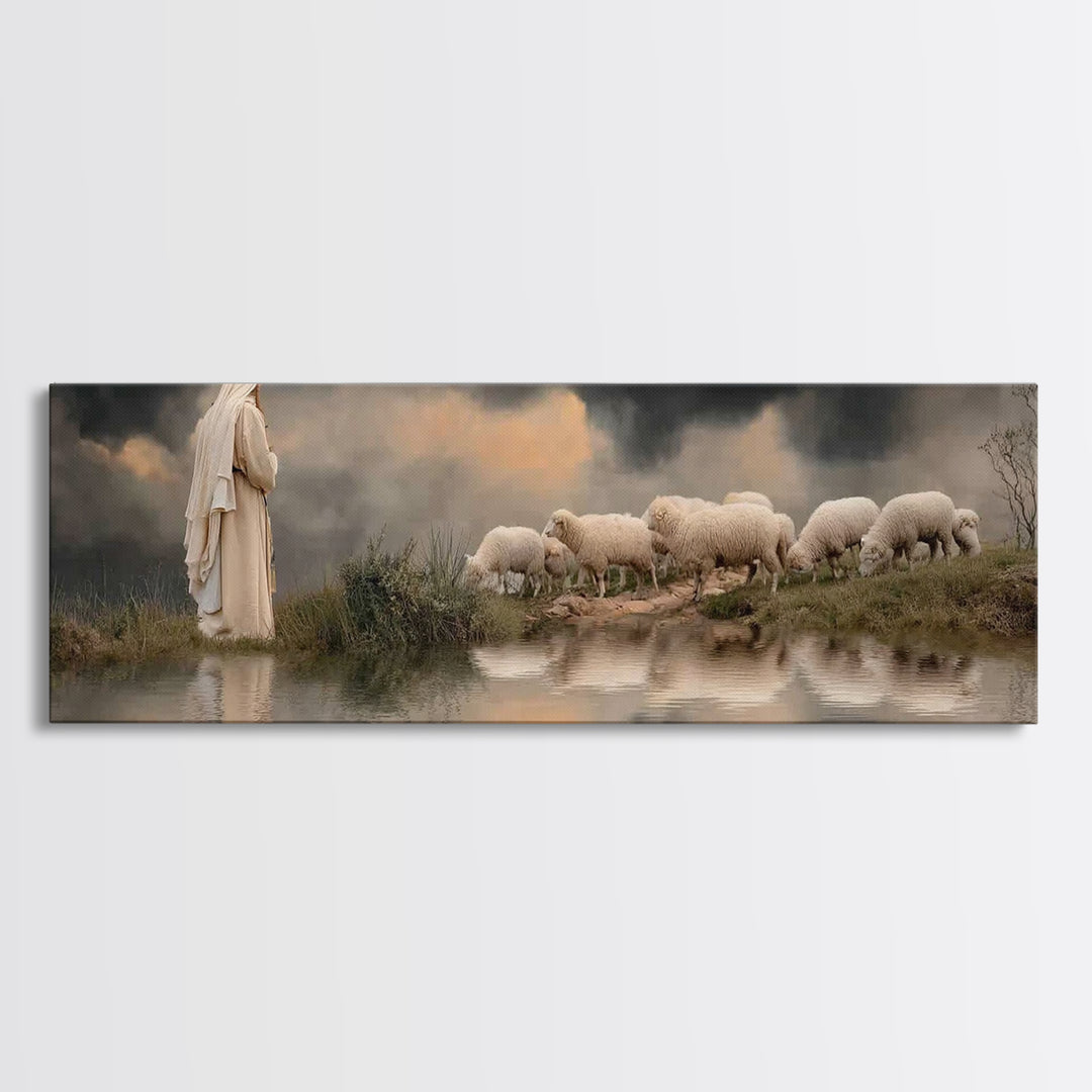 The Shepherd’s Calm – Framed Canvas Print – Christian Wall Art – Jesus Painting – Panoramic Art – Christian Christmas Art