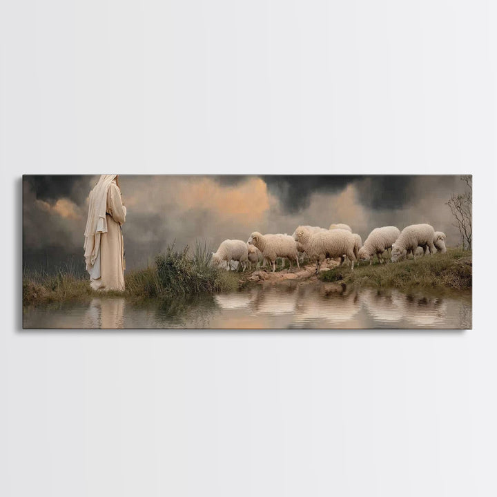 The Shepherd’s Calm – Framed Canvas Print – Christian Wall Art – Jesus Painting – Panoramic Art – Christian Christmas Art