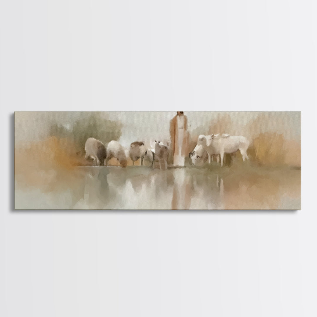 Gentle Pasture Light | Framed Canvas Print | Christian Wall Art | Panoramic Frame | Jesus Canvas Art | Christmas Art
