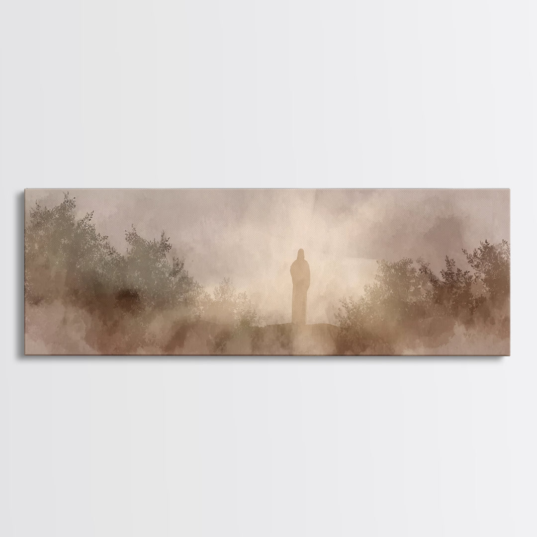 Hillside Redeemer, Framed Canvas Print, Christian Art, Jesus Wall Art, Panoramic Painting, Christian Christmas Art