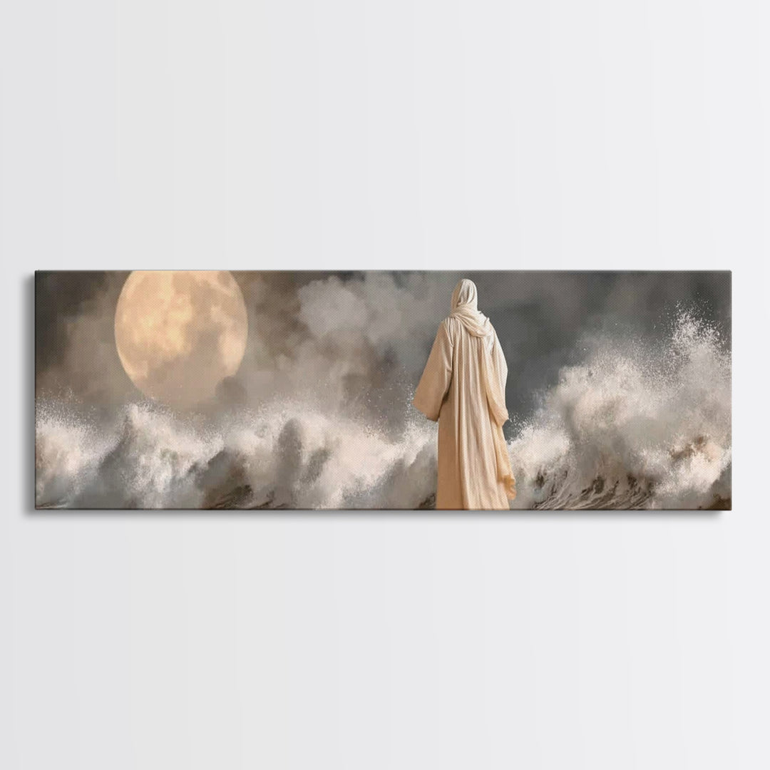 Moonlit Sea Grace | Framed Canvas Print | Panoramic Painting | Christian Wall Art | Jesus Canvas Art | Christian Art Print | Christian Deco
