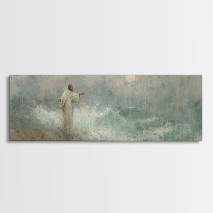 Ocean Of Peace, Framed Canvas Print, Jesus Painting, Christian Wall Art, Panoramic Print, Christian Art Canvas, Christian Christmas Art