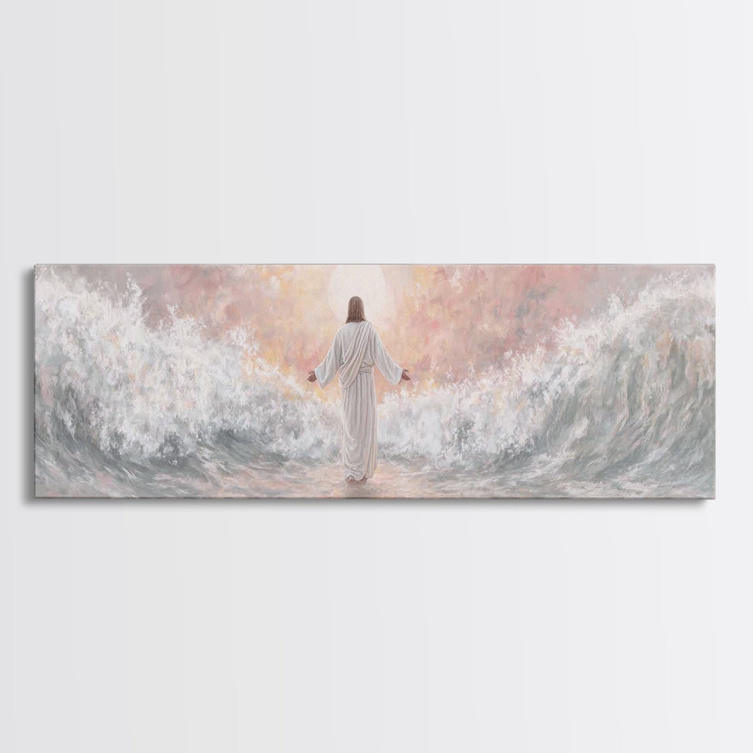 Morning Tide Mercy | Framed Canvas Print | Christian Art | Jesus Painting | Panoramic Frame | Christian Wall Art | Modern Christian Art