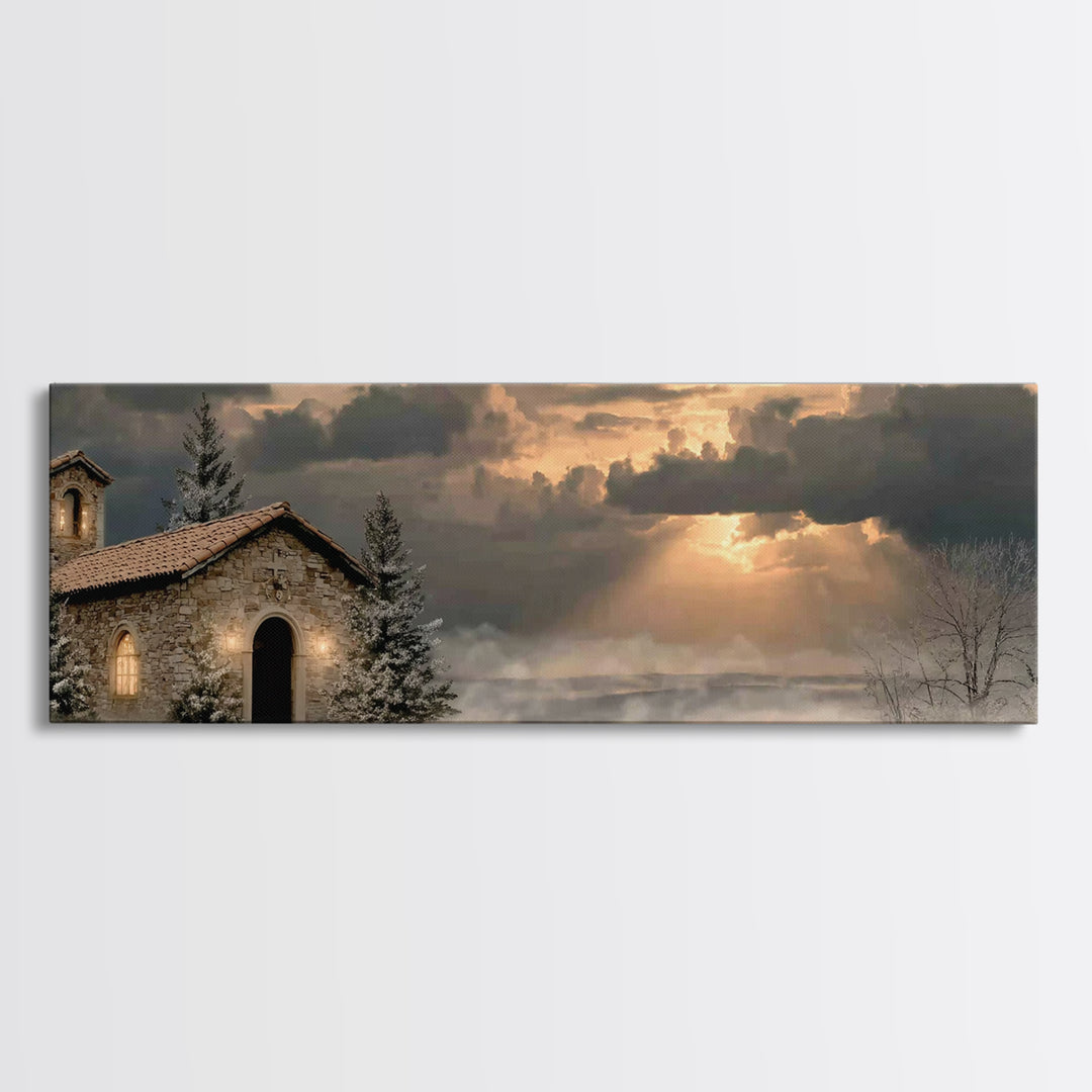 Chapel At Dawn | Framed Canvas Print | Panoramic Wall Art | Christian Art Canvas | Christian Wall Art | Christian Decor | Christmas Art