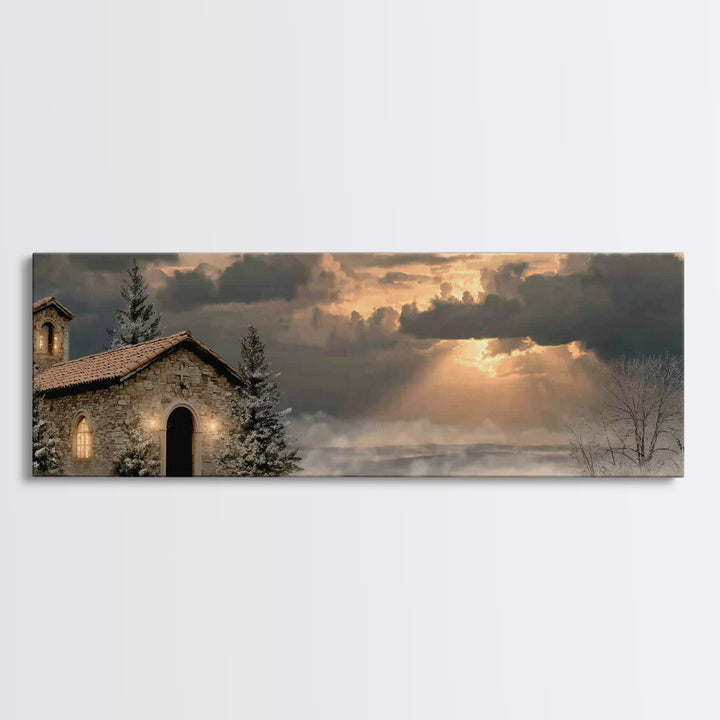 Chapel At Dawn | Framed Canvas Print | Panoramic Wall Art | Christian Art Canvas | Christian Wall Art | Christian Decor | Christmas Art