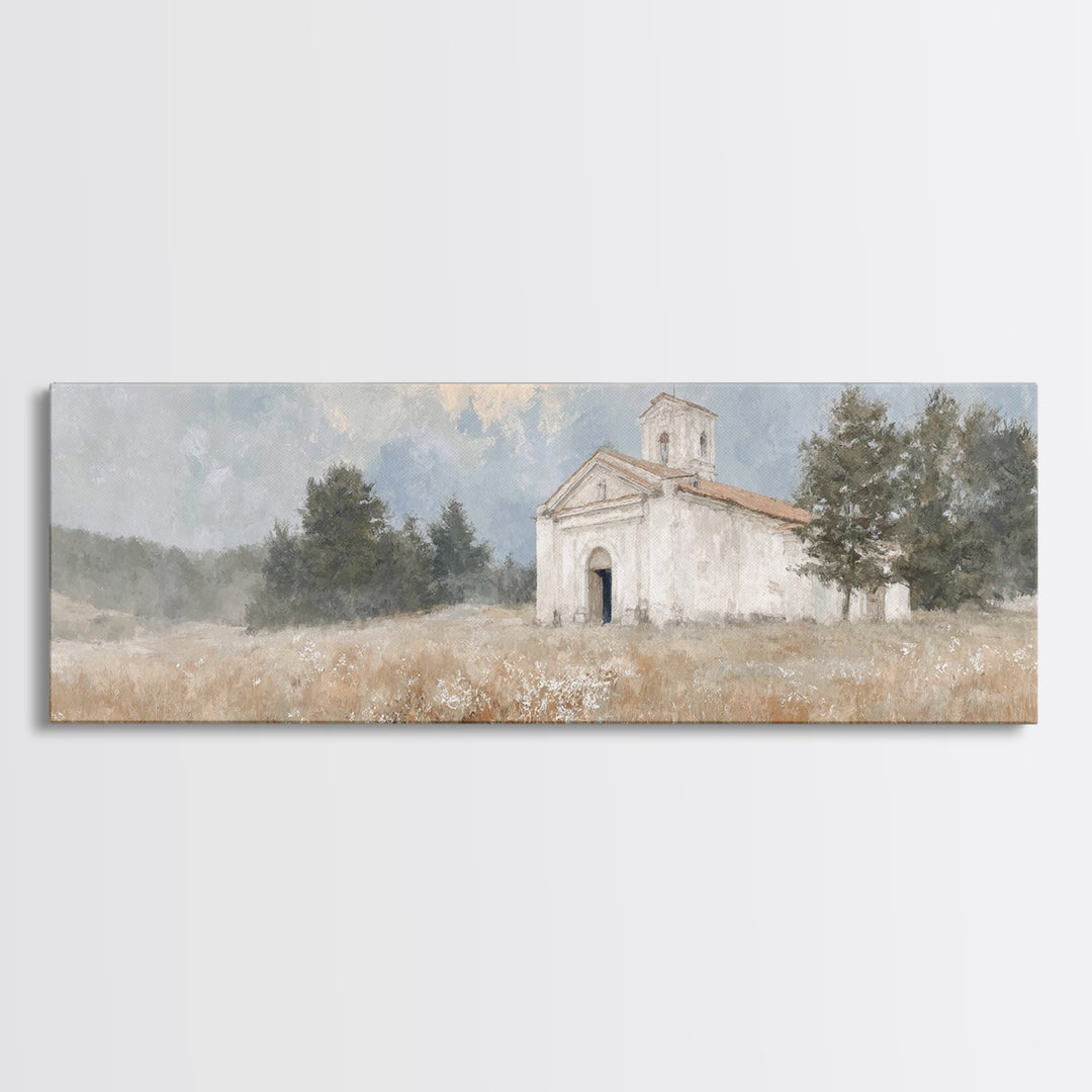 Hillside Parish Light – Framed Canvas Print – Panoramic Painting – Christian Art Canvas – Christian Wall Art – Christian Decor – Christmas