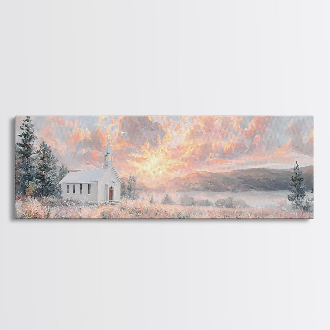 Morning Glory Chapel, Framed Canvas Print, Extra Wide Art, Christian Wall Art, Christian Christmas Art, Christian Art Canvas, Christmas Art
