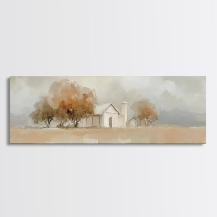 Autumn Church Peace | Framed Canvas Print | Panoramic Art | Christian Wall Art | Christian Art Canvas | Christian Decor | Christmas Art