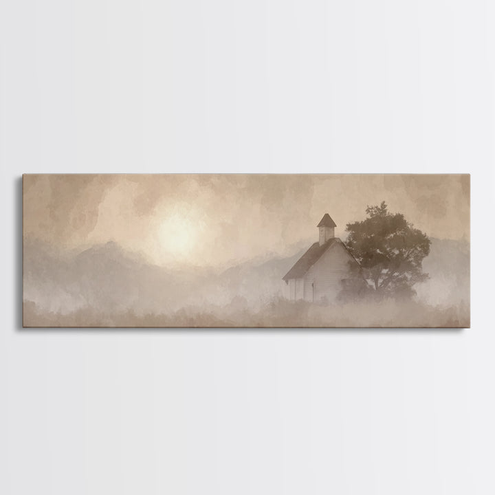 Rustic Chapel Mist – Framed Canvas Print – Panoramic Frame – Christian Art Canvas – Christian Wall Art – Christian Christmas Art – Christia